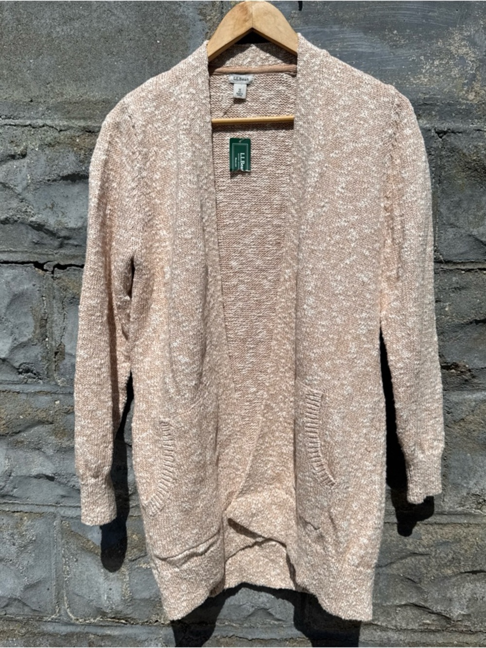 LL Bean Womens Cotton Ragg Sweater Open Cardigan Beige Pockets Medium New